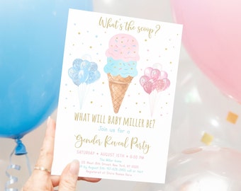 Editable What's The Scoop Ice Cream Gender Reveal Invitation Gender Reveal Ice Cream Party Pink Gold Balloons Printable Digital A611