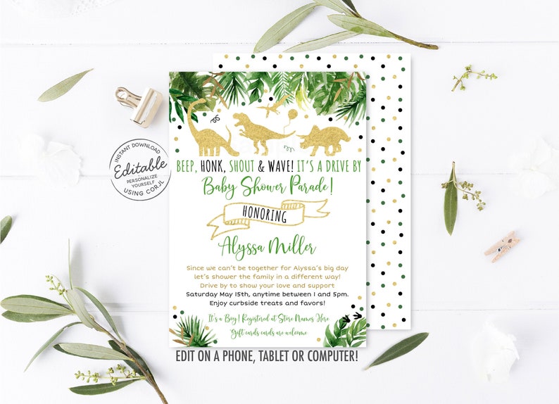 EDITABLE Dinosaur Drive By Baby Shower Parade Invitation Etsy