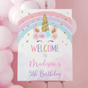 Editable Unicorn Birthday Welcome Sign Pastel Rainbow Unicorn Pink Gold Floral Unicorn Printable Digital Instant Download Corjl A582