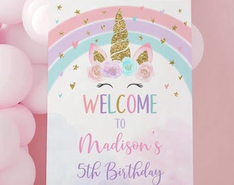 Editable Unicorn Birthday Welcome Sign Pastel Rainbow Unicorn Pink Gold Floral Unicorn Printable Digital Instant Download Corjl A582