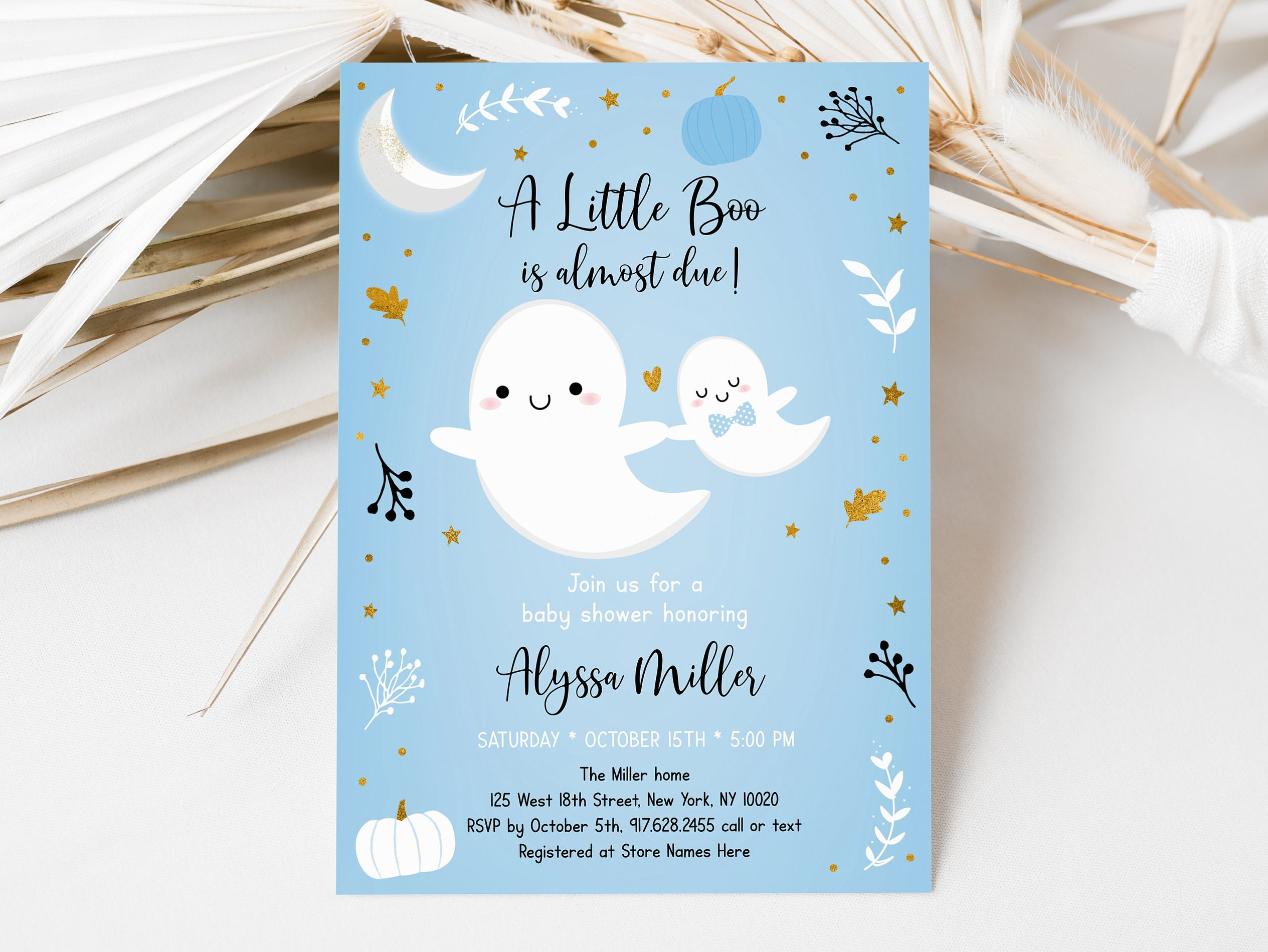 Editable Little Boo Baby Shower Invitation Little Boo Is Almost Due Blue Boy Ghost Pumpkin Halloween Baby Shower Invite