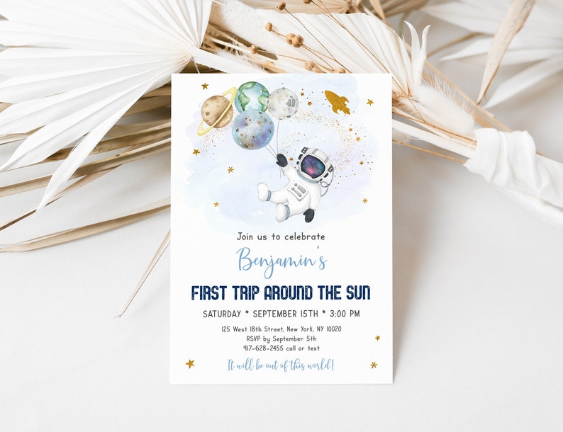 Editable Space Birthday Invitation First Trip Around The Sun Astronaut Galaxy Planets Rocket Ship Outer Space Party Blue Gold Digital A606 image 2