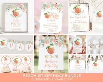 Editable Peach First Birthday Invitation Bundle, One Sweet Peach 1st Birthday Invite Peach Gold Floral Girl Summer Digital A608