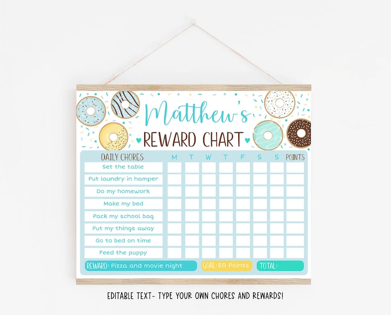 EDITABLE Donut Reward Chart, Donut Behavior Chart, Blue Donut Daily Reward Chart, Boys Chore Chart, Printable, Digital Template A501 image 1