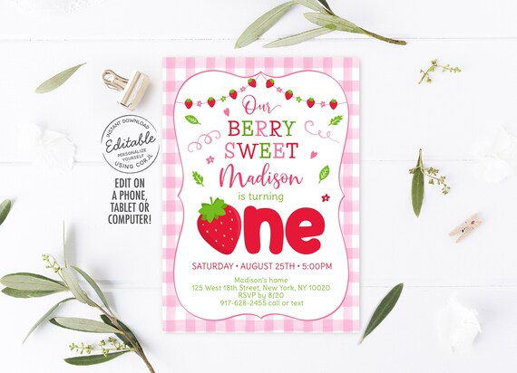EDITABLE Strawberry Birthday Invitation Berry Sweet Strawberry Party Girl First Birthday Pink Printable Digital Instant Download A542 Il_570xn