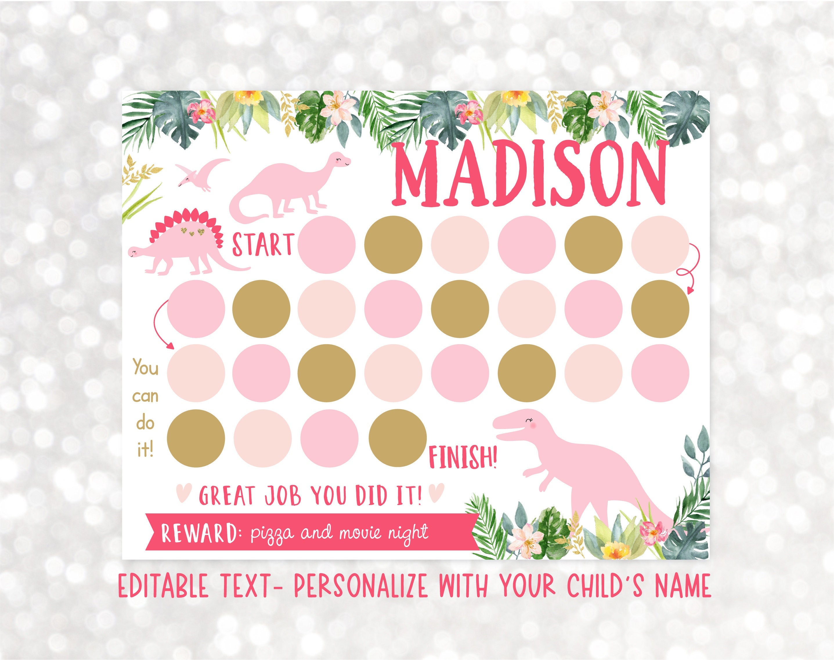 Editable Pink Dinosaur Reward Chart Girl Dinosaur Sticker | Etsy Australia