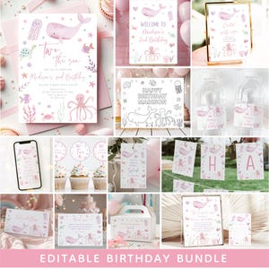 May include: A collection of pink and white birthday party supplies with an under-the-sea theme. Includes invitations, banners, cupcake toppers, water bottle labels, and a coloring page. The text includes "Two the Sea" and "Happy Birthday Madison."