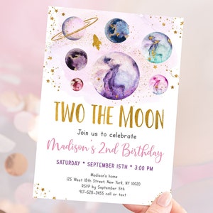 Editable Two The Moon Space Birthday Invitation Pink Gold Girl Galaxy Planets Outer Space Party Rocket Ship Printable Digital Printable A586