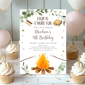 Editable S&#39;mores 4th Birthday Invitation, Four is S&#39;more Fun, Camping, Campfire, Bonfire, Printable, Digital Download Template A520