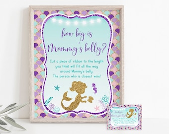 Mermaid How Big Is Mommy's Belly Game Mermaid Baby Shower Under The Sea Baby Shower Girl Teal Purple Gold Printable Instant Download A462