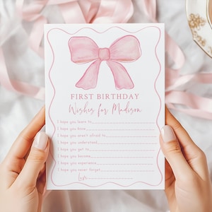 Deseos de primer cumpleaños con lazo rosa, lazo rosa coqueto para fiesta de cumpleaños, primer cumpleaños de niña, lazo de acuarela. Descarga digital editable A742