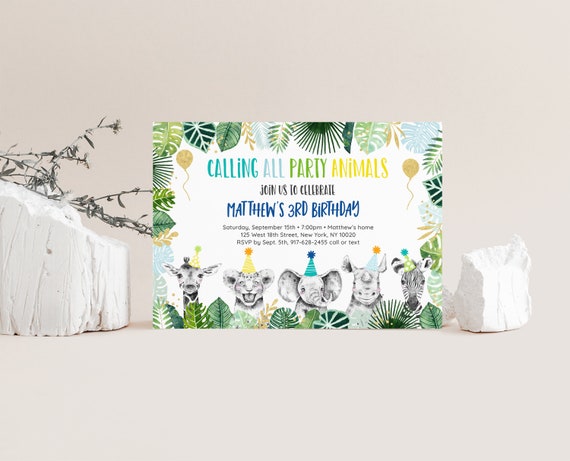 EDITABLE Party Animals Birthday Invitation Gold Safari Birthday Safari Animals Zoo Animals Boy Safari Party Printable Instant Download A557 Il_570xn