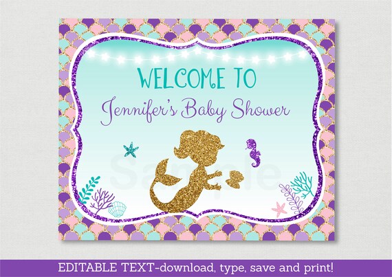 Mermaid Baby Shower Welcome Sign / Mermaid Baby Shower Welcome / Glitter Mermaid / Under The Sea / Instant Download Editable PDF A462 Il_570xn