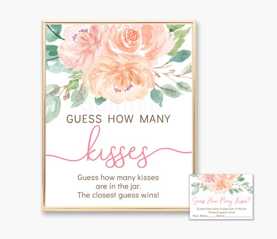 Blush & Peach Floral Guess How Many Kisses Game / Blush Pink Floral Bridal Shower / Rustic Peach Watercolor Floral / PRINTABLE B142 Il_570xn
