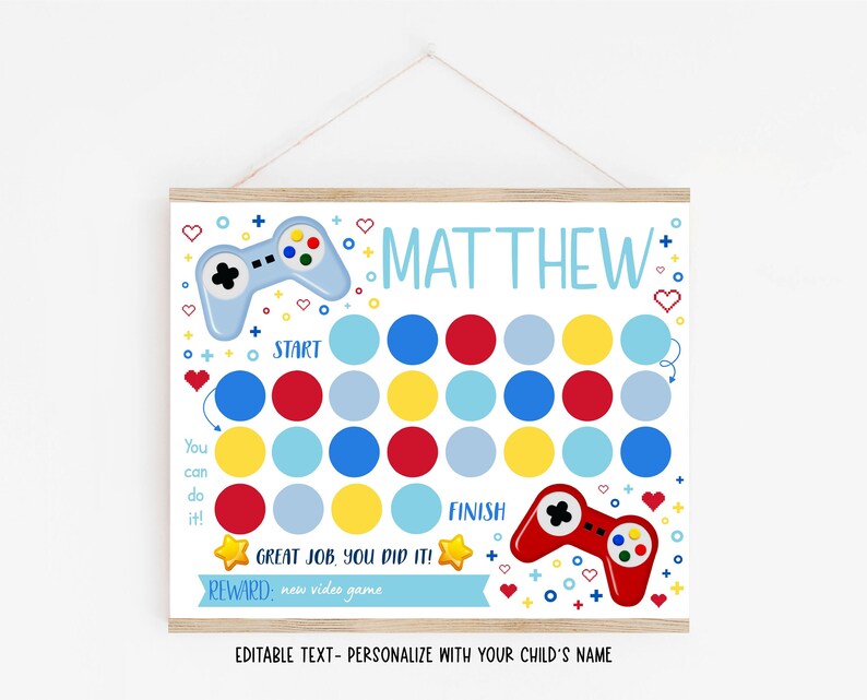 May include: A printable chart for kids featuring a blue and red video game controller, red, blue, and yellow circles, and the text "MATTHEW". The chart is designed to help children learn and complete tasks.