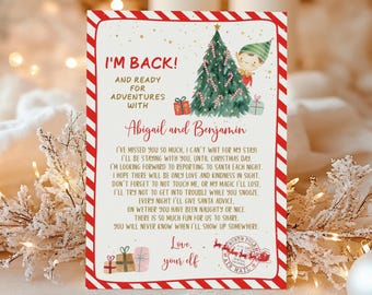 May include: A Christmas card with a red and white border, featuring a Christmas tree, an elf, and the text "I'M BACK!" and "Love, your elf." The card is addressed to Abigail and Benjamin.