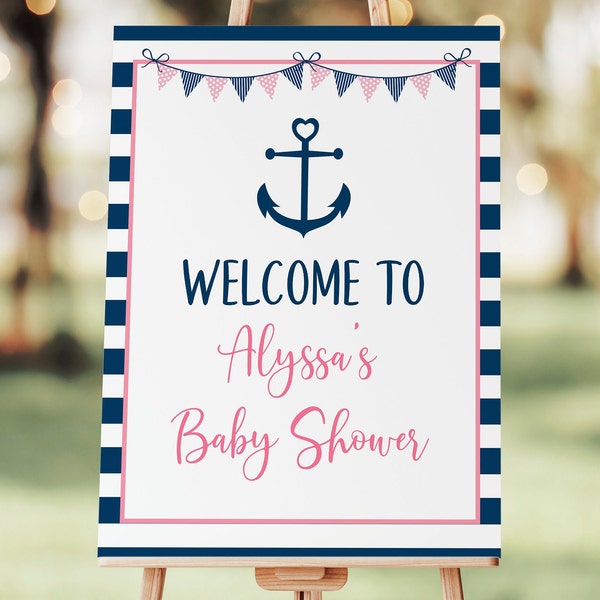 Editable Pink Nautical Baby Shower Welcome Sign Anchor Baby Shower Welcome Sign Pink & Navy Girl Nautical Printable Digital Download A132