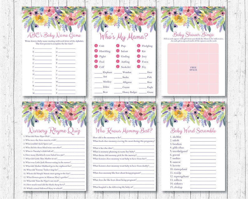 Rustic Floral Baby Shower Games Package Floral Baby Shower Watercolor Floral 8 Printable Games INSTANT DOWNLOAD A385