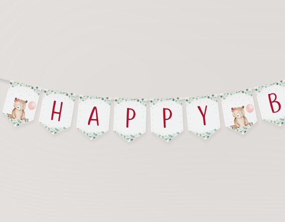 Editable Teddy Bear Picnic Birthday Banner Girl Teddy Bear Birthday Outdoor Birthday Teddy Bear with Balloons Digital Download A603 Il_570xn