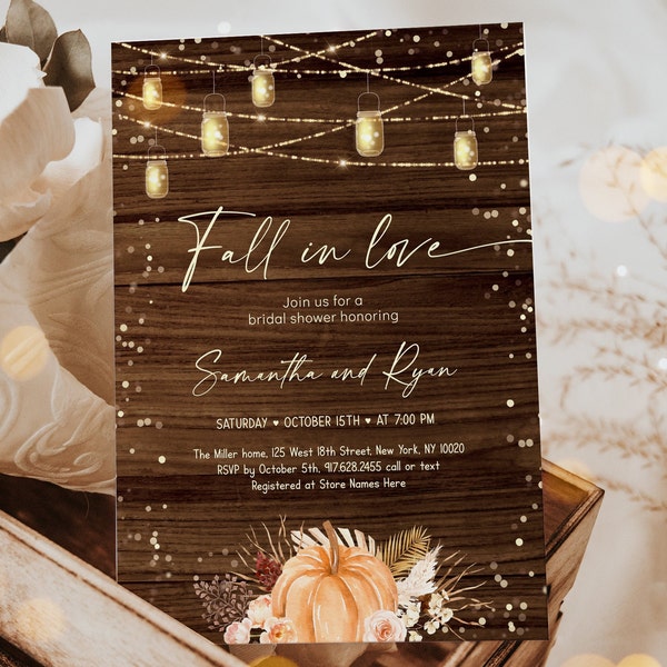 Editable Fall In Love Bridal Shower Invitation Pumpkin Rustic String Lights Coed Bridal Shower Invite Boho Fall Autumn Digital Download A638