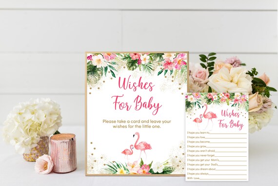 Flamingo Wishes for Baby Cards Flamingo Baby Shower Pink & Gold Tropical Floral Girl Baby Shower Digital Printable Instant Download A454 Il_570xn