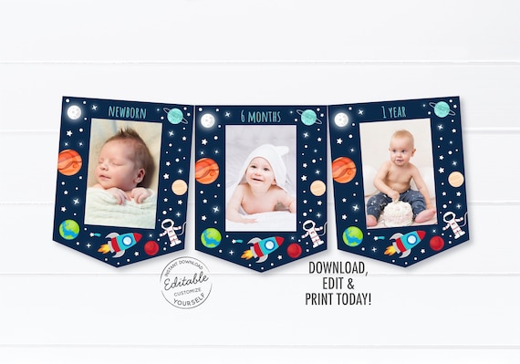 Space First Birthday Banner Monthly Photo Banner Astronaut Planet Outer Space Birthday Party Rocket Ship Editable Printable Digital A528 Il_570xn