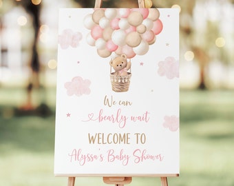 Editable Pink Teddy Bear Hot Air Balloon Baby Shower Welcome Sign We Can Bearly Wait Baby Bear Shower Girl Teddy Bear Digital Download A710