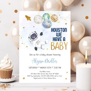 Editable Space Baby Shower Invitation Houston We Have A Baby Gender Neutral Boy Girl Astronaut Galaxy Planets Outer Space Solar System A606