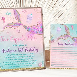 Editable Mermaid Birthday Time Capsule Sign Little Mermaid First Birthday Under The Sea Party Pink Purple Teal Gold Digital Download A711