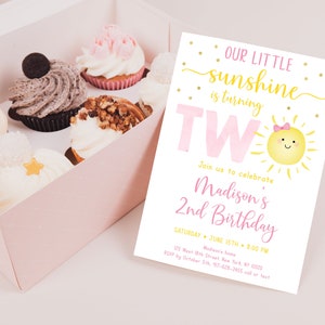 Editable Sunshine 2nd Birthday Invitation Girl Sunshine Party Pastel Little Sunshine Pink Gold Birthday Invite Digital Download A599 image 3