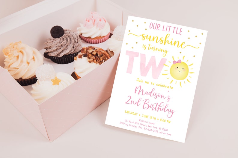 Editable Sunshine 2nd Birthday Invitation Girl Sunshine Party Pastel Little Sunshine Pink Gold Birthday Invite Digital Download A599 image 3