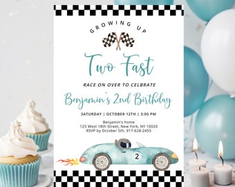 Editable Race Car Birthday Invitation Growing Up Two Fast Birthday Invite Racing Party Blue Racing Car Flame Boy Second Birthday A688