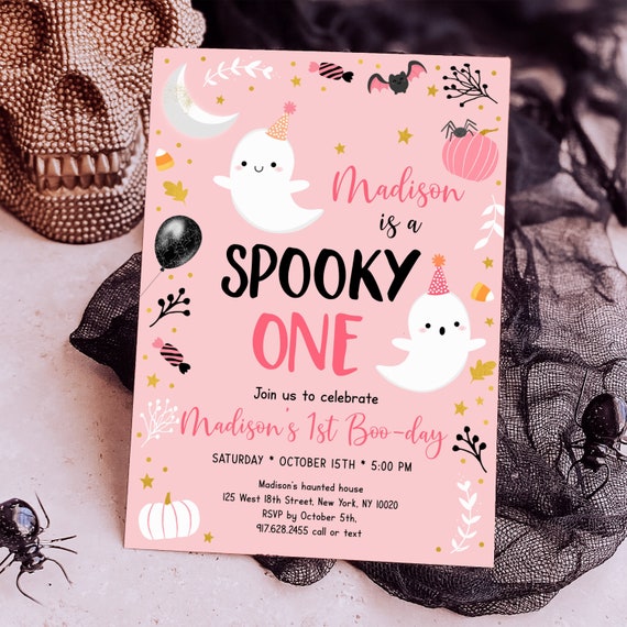 Editable Spooky One Ghost Birthday Invitation Halloween Ghost First Birthday Invite Pink Ghost Girl Halloween Party Digital Download A636