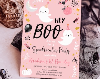 Redigerbar Hey BOO spökfödelsedagsinbjudan, Halloween spöke första födelsedagsinbjudan, rosa spökflicka Halloweenfest Spooktacular Digital A636