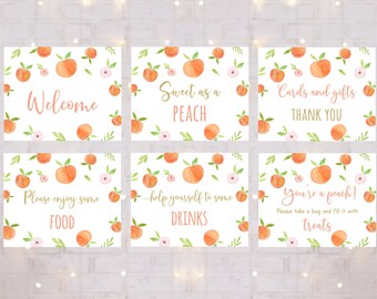Editable Peach Birthday Signs Table Signs Set of 6 Party Signs Sweet As A Peach Birthday Watercolor Peach Girl Floral Digital Download A668