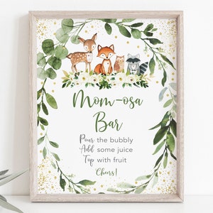 Woodland Mimosa Bar Sign Woodland Baby Shower Woodland Animals Forest Animals Greenery Género Neutral Mom-osa Bar Imprimible Digital A524