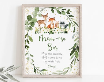 Woodland Mimosa Bar Sign Woodland Baby Shower Woodland Animals Forest Animals Greenery Gender Neutral Mom-osa Bar Printable Digital A524