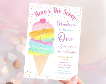 Editable Here's The Scoop Birthday Invitation, Ice Cream Birthday Party, Rainbow Ice Cream, Girl Ice Cream Party, Printable, Digital A499