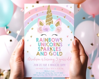 Editable Unicorn Rainbow Birthday Invitation Unicorns Rainbows Sparkles and Gold Invite Pastel Floral Unicorn Party Digital Download A582