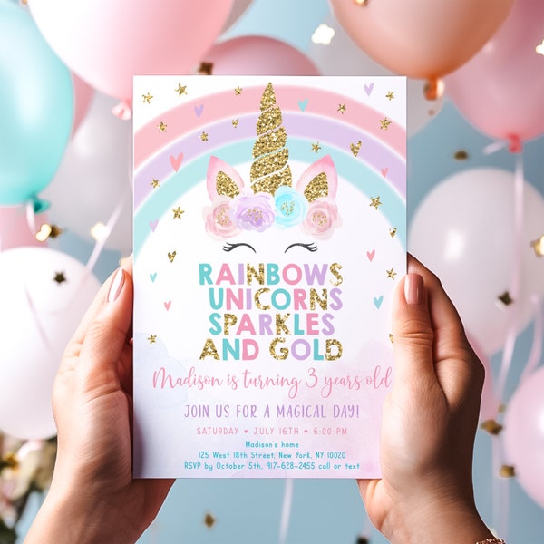 Bewerkbare Unicorn Rainbow verjaardagsuitnodiging Eenhoorns regenbogen Sparkles en goud uitnodigen Pastel Floral Unicorn Party digitale download A582