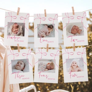 Roze strik eerste verjaardag banner maandelijkse fotobanner, coquette roze strik feest, aquarel strik, minimalistisch roze lint, meisje 1e verjaardag A762