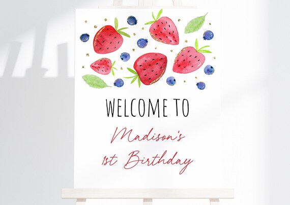 Editable Strawberry Birthday Welcome Sign Strawberry Party Berry Sweet Birthday Blueberry Birthday Watercolor Berries Digital Download A670 Il_570xn