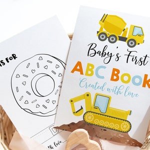 ABC Book Baby Shower Game Construction Truck Alphabet Coloring Book Baby&#39;s First ABC Book Baby Shower Coloring Pages Digital Download A605