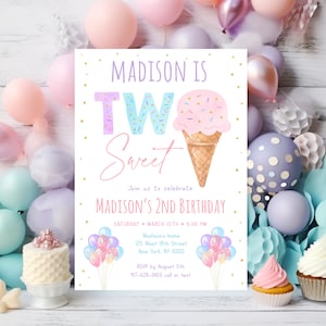 Editable Ice Cream Birthday Invitation Two Sweet Ice Cream Second Birthday Girl Ice Cream Party Pink Gold Sprinkles Balloons Digital A611