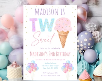 May include: A pink and purple birthday invitation with a watercolor illustration of an ice cream cone with sprinkles. The text reads "Madison is Two Sweet" and includes details for a birthday party.