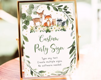 Editable Woodland Baby Shower Sign Woodland Animals Forest Animals Gender Neutral Greenery Printable Digital, Instant Download Corjl A524