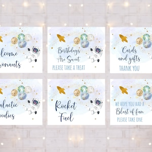 Editable Astronaut Space Birthday Sign Table Signs Set of 6 Bundle Blue Gold Boy Galaxy Planets Rocket Ship Outer Space Download A606
