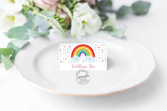 EDITABLE Rainbow Tent Cards Food Labels Place Cards Girls Rainbow Birthday Party Gold Rainbow Clouds Digital Printable Instant Download A530 Il_570xn