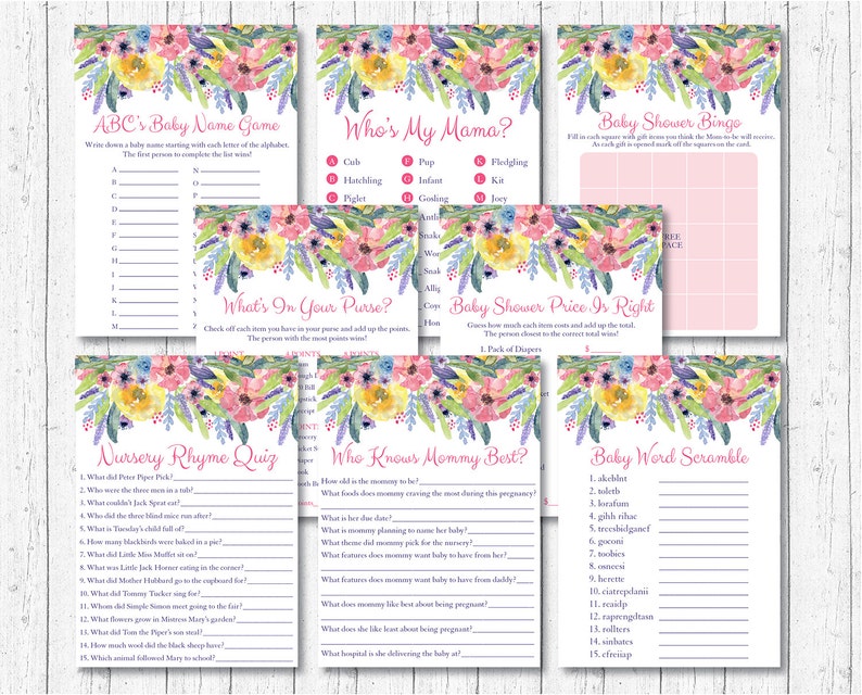Rustic Floral Baby Shower Games Package Floral Baby Shower Watercolor Floral 8 Printable Games INSTANT DOWNLOAD A385