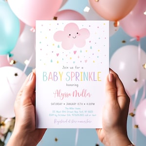 Editable Pink Cloud Baby Sprinkle Invitation Girl Baby Sprinkle Invite Rainbow Raindrops Hearts Stars Printable Digital Download A592